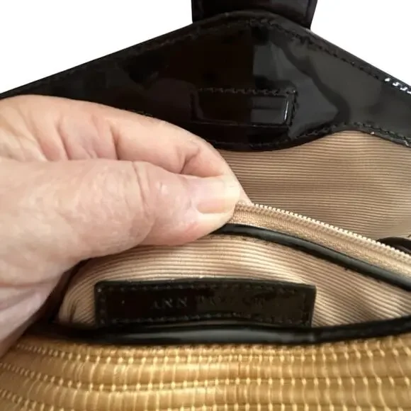 Ann Taylor Wicker Almond/Black Patent Leather Clutch With Silver Buckle Size OS - Picture 9 of 10